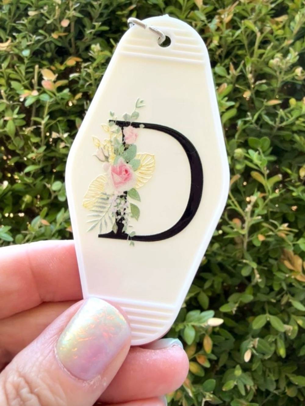 Vintage style motel key 3.5” keychain floral letter “D” feminine gift idea